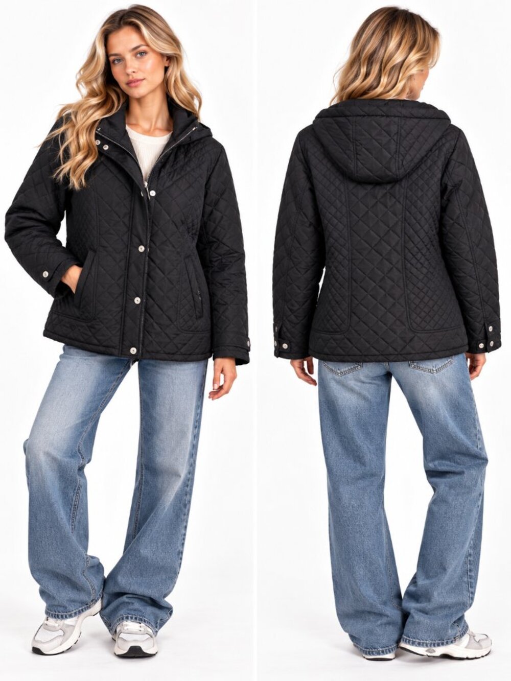 Calvin Klein Diamond Quilted Hooded Jacket Women Black Lightweight Puffer Coat M